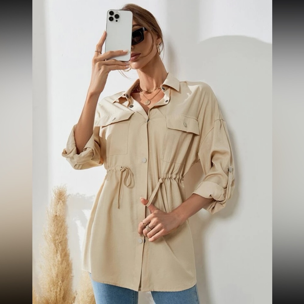 Drawstring waist flap detail longline shirt